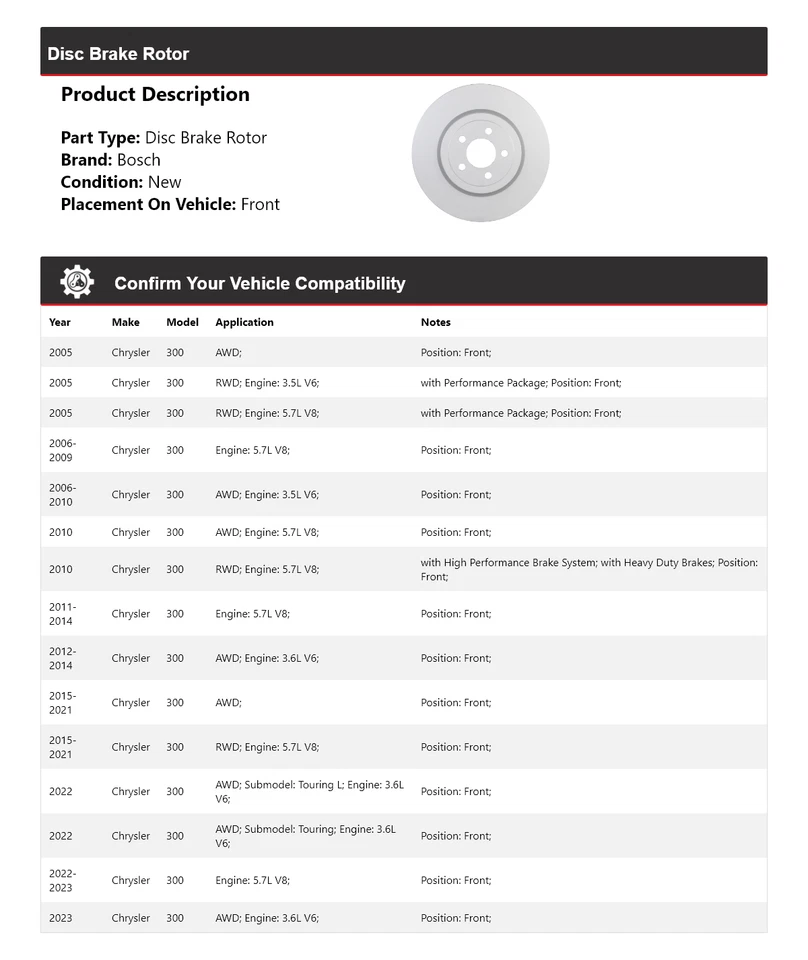 Rotor de freno de disco delantero para Chrysler 300 Bosch QuietCast 2005-2023 2006 2007 2008 Foto 2 de 4