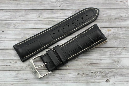 Cinturino Pelle Hirsch Stampa Alligatore Black 24mm New Waterproof Nuovo  Nero | eBay