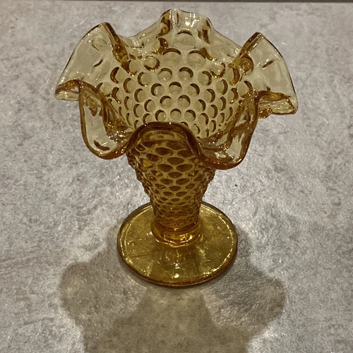 RARE Fenton Yellow Amber Hobnail Glass Trumpet Ruffled Vase 4" Tall VINTAGE