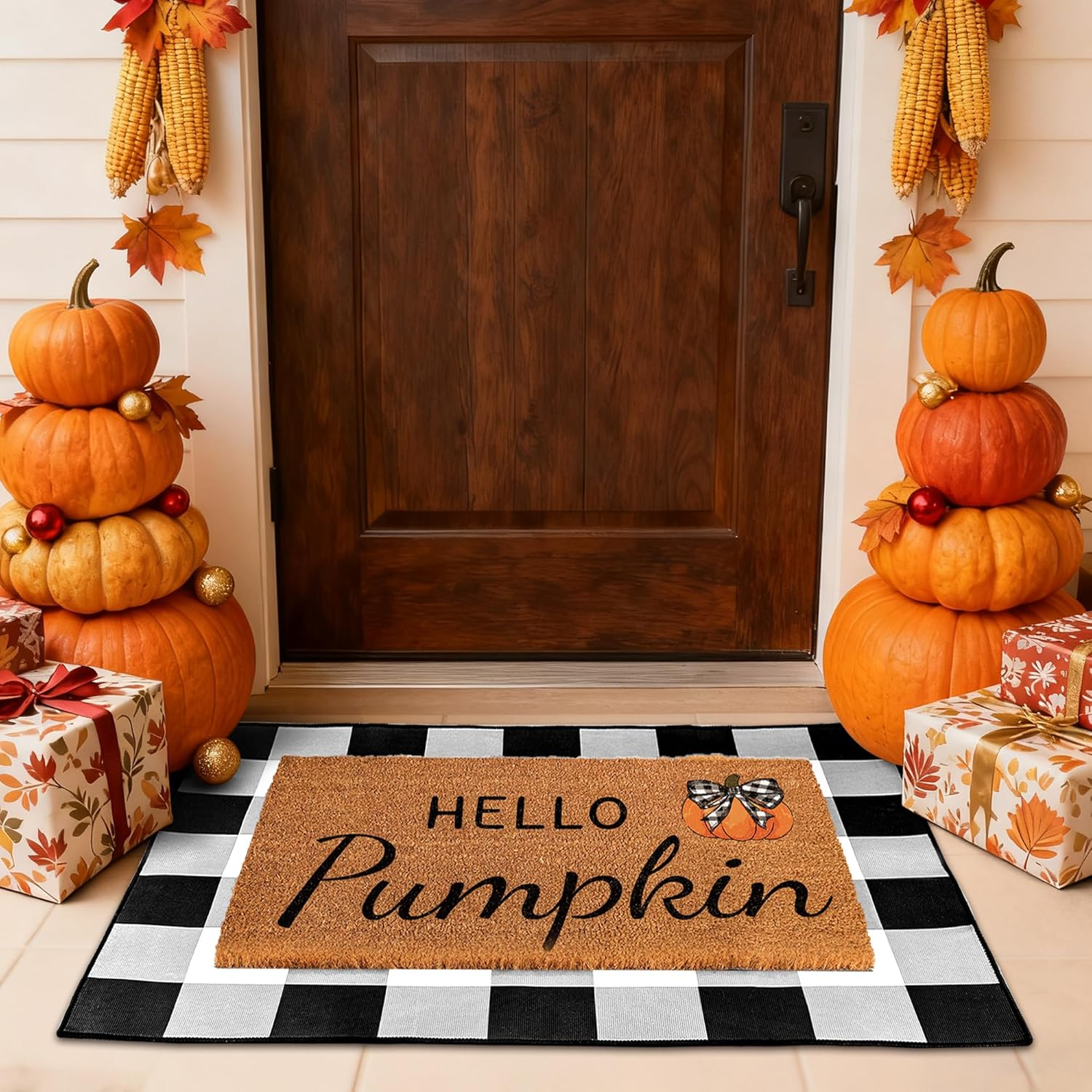 Fall Decor Door Mat Combo Set Hello Pumpkin 100% Coco Coir Welcome Mat 28X43In B
