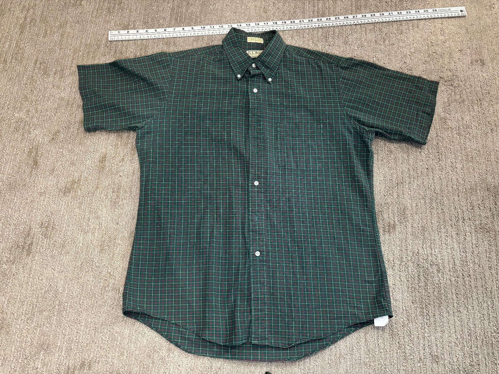 LL Bean Mens Shirt XL Made in USA Green Plaid Button Up Short Sleeve Vintage
