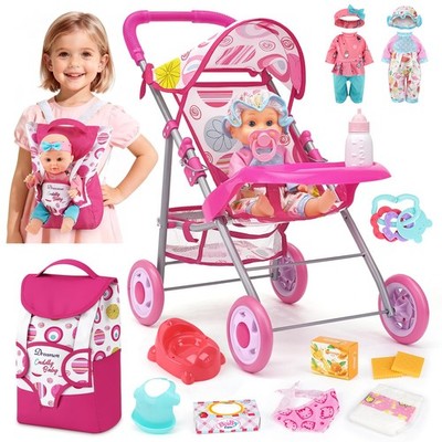 Baby Doll Stroller Set with 12.5'' Doll, Baby Dining Table, Backpack with Carr...
