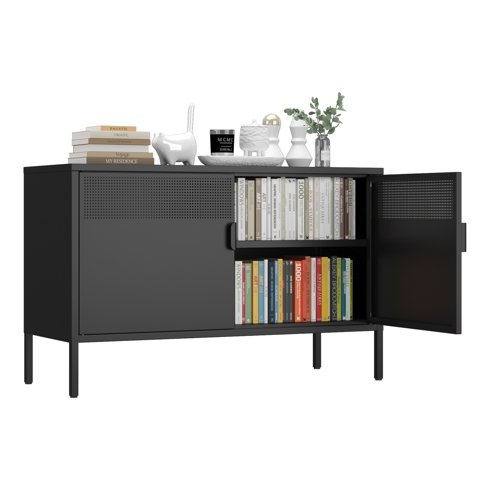 Black Metal Storage Cabinet,2 Door TV Stand, Metal Mesh Acce