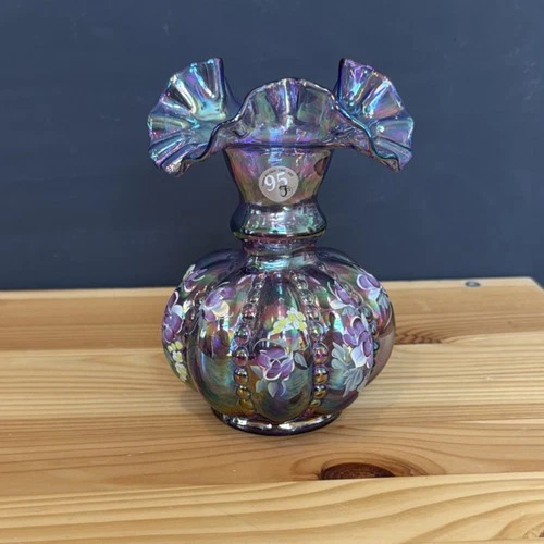 Bill Fenton Art Glass Ruffled Vase Purple Floral Hand Painted by C Smith #325
