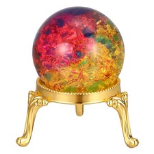 Crystal Ball 40mm Ice Cracked Glass Ball with Metal Stand, Light Multicolor/Gold