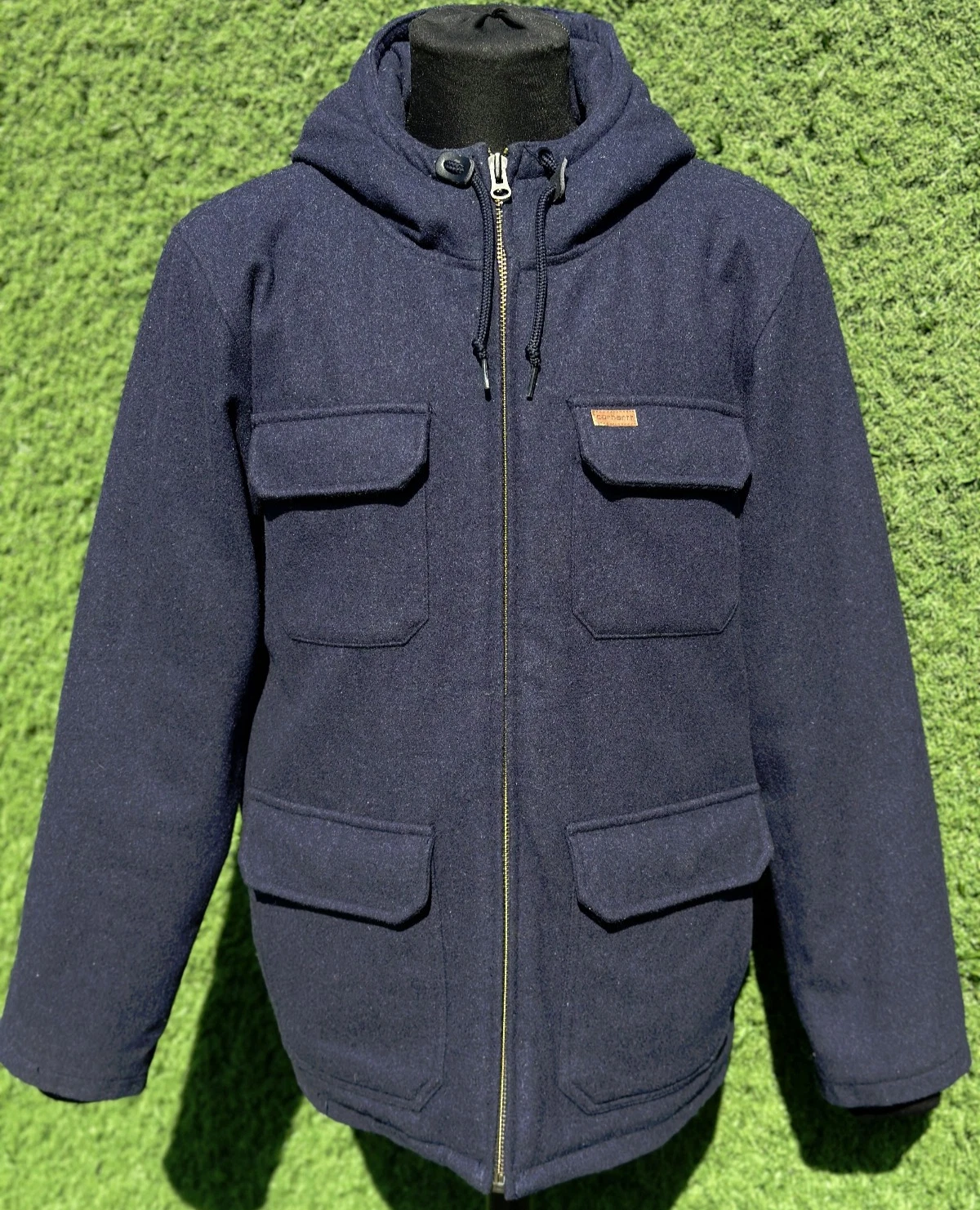 Carhartt Court Coat Hooded Jacket Navy Wool Blend Insulated Utility Men L