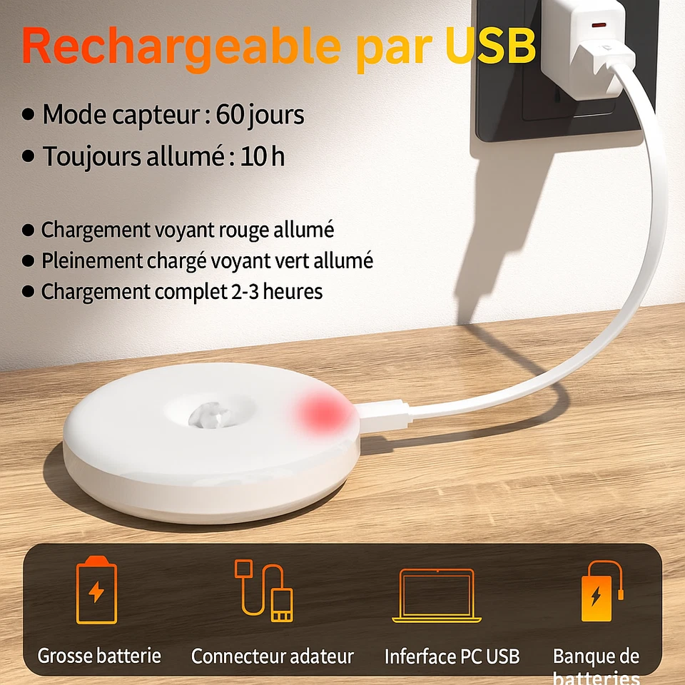 2X Veilleuse Lampe LED Détecteur de Mouvement Rechargeable USB Maison Placard - Photo 4/4