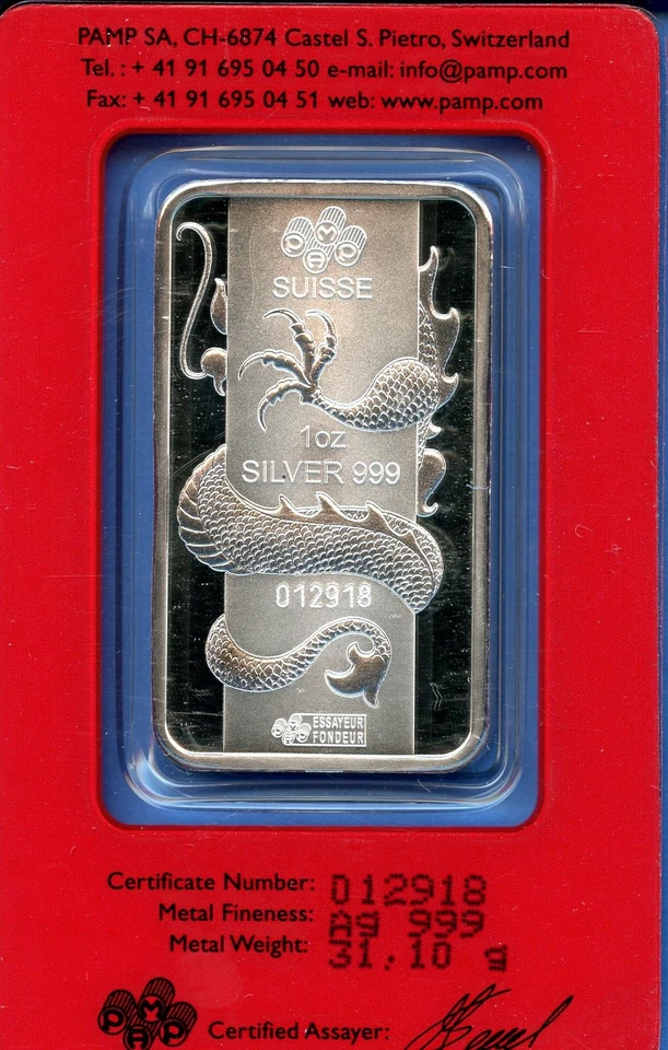 2012 PAMP Suisse Swiss 1 Oz .999 Silver Bar 1g - Lunar Dragon Sealed In Assay - Image 2 of 3