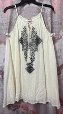 BLU PEPPER Halter Dress Size M Cream Black Embroidered Boho Sundress Lined