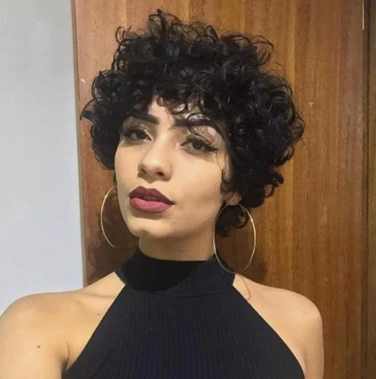 Pelucas rizadas cortas para mujer peluca negra corte pixie con flequillo peluca sin encaje Foto 2 de 4