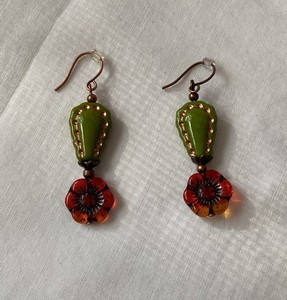 Floral Dangle Earrings for Pierced Ears 2.25” Drop Green & Orange 
