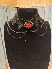 Red Rose Flower Choker Necklace Gothic Victorian Black Lace