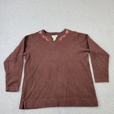 L.L. Bean Sweatshirt Womens Medium Brown Embroidery Floral Long Sleeve Flower