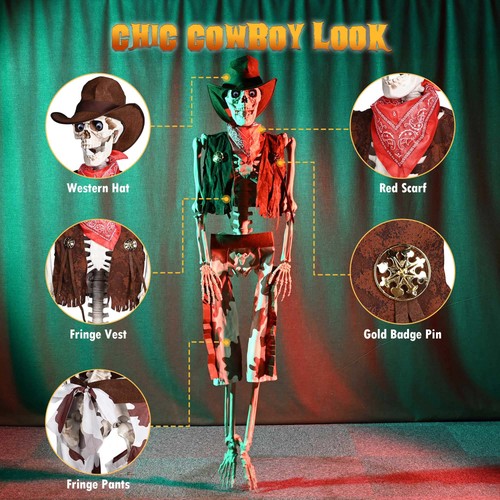 5,4 Fuß Lebensgroß Cowboy Skelett mit 4 Stück Meerjungfrau Skelett Halloween - Bild 5 von 9