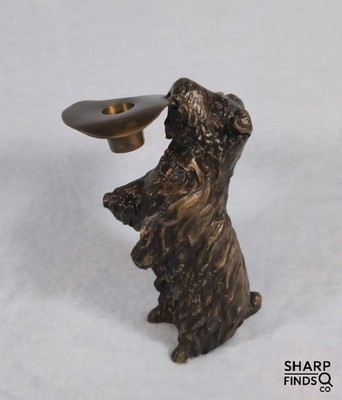 RARE! 9'' Antique Victorian Bronze Terrier Dog Match Holder Top Hat Heavy Solid