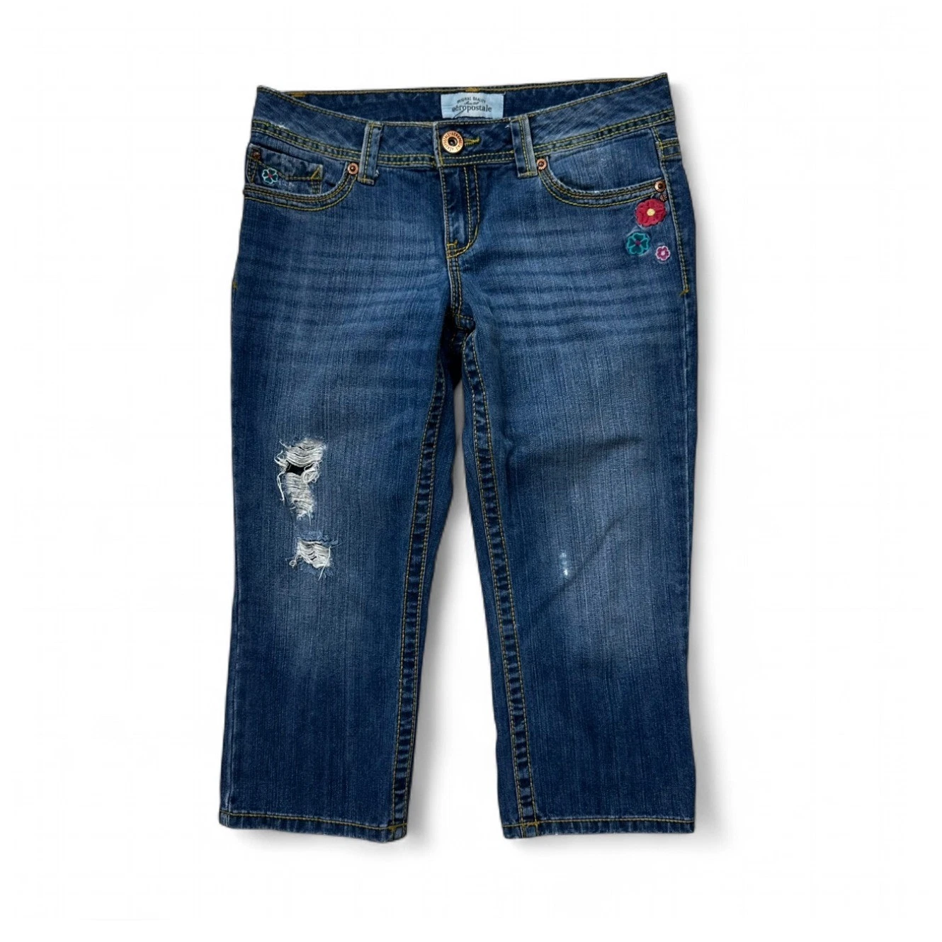 Y2K Aeropostale Floral Embroidery Low Rise Denim Jean Capri Crop Distressed 7/8