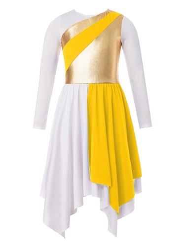Kids Girls Dance Dress Contrast Performance Dress Long Sleeve Metallic Praise - Picture 49 of 64