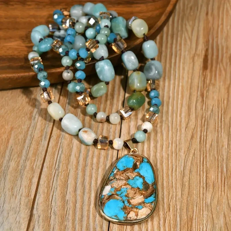 Nuevo collar colgante de cuentas de amazonita vintage boho piedra natural cadena larga para mujer Foto 2 de 4