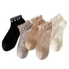 5 Pairs Women Mesh Beads Breathable Low Cut Socks Summer Lace Edge Boat Socks