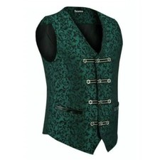 Premium Mens Vest Waistcoat Green Damask Velvet Goth Steampunk Vtg Brocade Vest