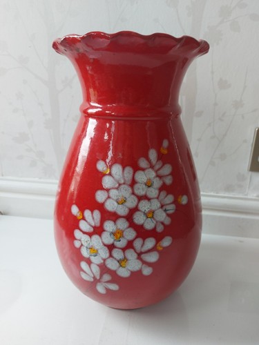 Vintage Large Floor? Italian Red Vase With White Flowers Pattern Made In Italy