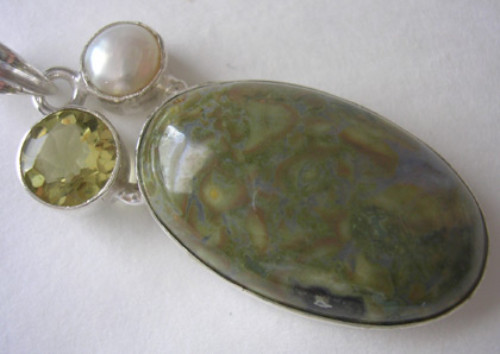 NEW Sterling Silver Green Ocean JASPER CITRINE & PEARL Gemstone Necklace Pendant - Imagen 4 de 4