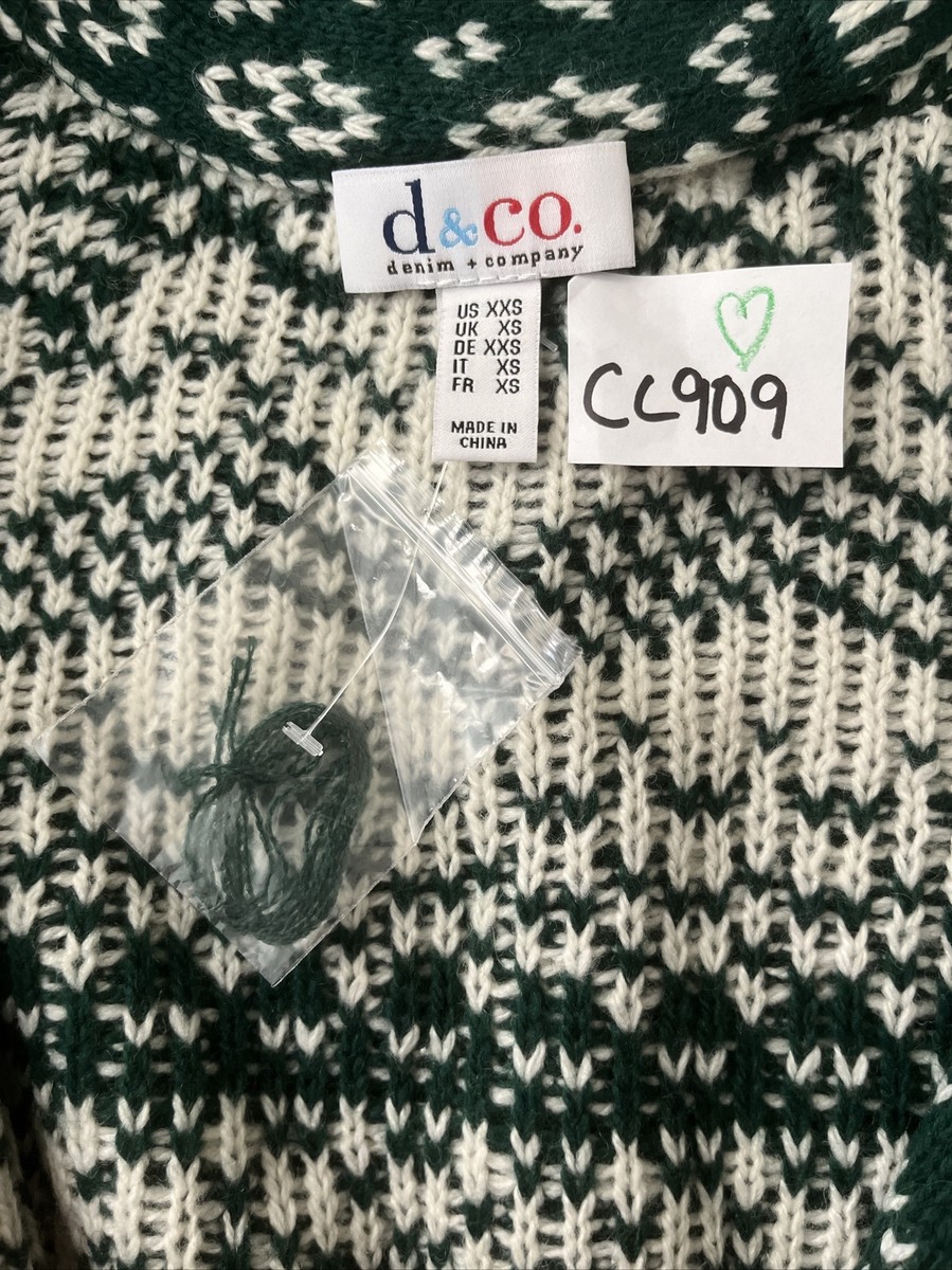 Denim & Co. Jacquard Open Sweater Cardigan 2XS Green White