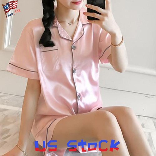 Women Satin Silk Pyjamas PJs Set Ladies Short Sleeve Button Nightwear Sleepwear - Picture 21 of 27
