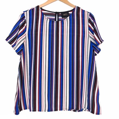 W5 ANTHROPOLOGIE Red Blue Cream Black Stripe Sheer Short Sleeve Blouse Top Small