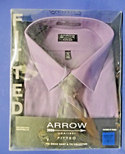 Arrow Men Dress Shirt Tie Purple Fitted X Large 17-17 1/2 Sleeves 32/33 Boxed