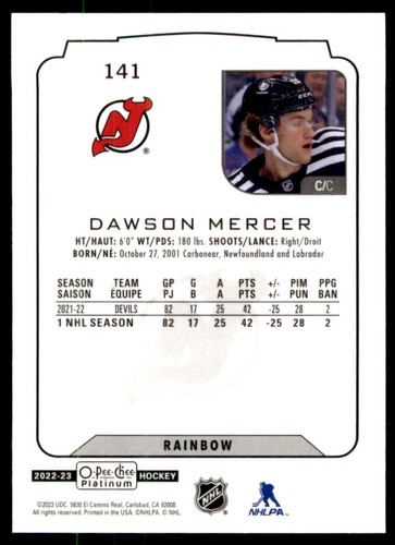 2022-23 O-Pee-Chee Platinum Dawson Mercer New Jersey Devils #141 Near Mint - Picture 2 of 2