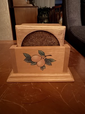 Vintage Wooden MIKASA Garden Harvest Intaglio Coaster holder set six coasters