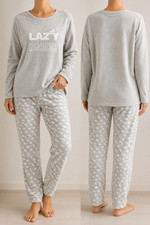 Damen Fleece Schlafanzug Hausanzug Grau Lazy Mode Kuschelig Warm Winter Gr. L
