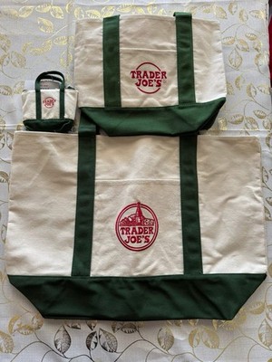 Trader Joe s Canvas Tote Bag Lot Set of 3 (Large + Mini + Micro) Green Trim Logo
