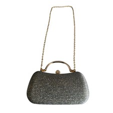 Silver Shimmer Evening Clutch Gold Rhinestone Handle Minaudiere Chain Bag