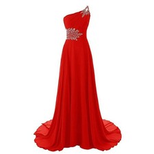 Chiffon Evening Dress One Shoulder Crystal Pleat Court Train Prom Party Gowns