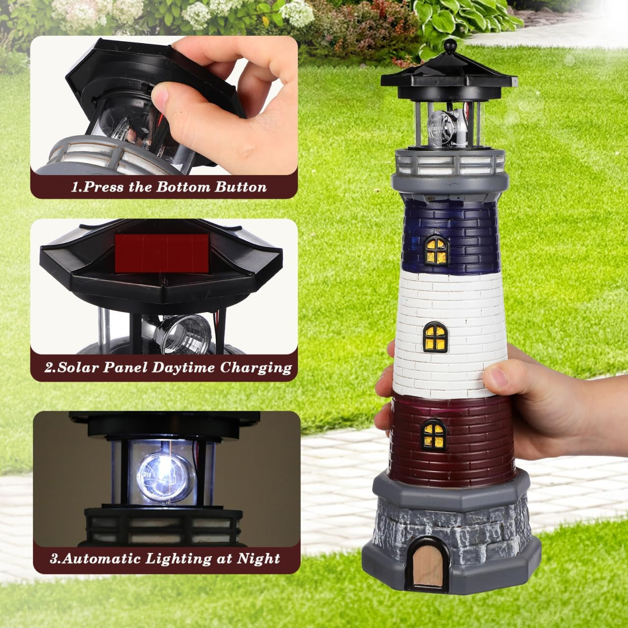 Solar Garden Lighthouse Decor, Resin Waterproof Solar-Powered Lighthouse Statue