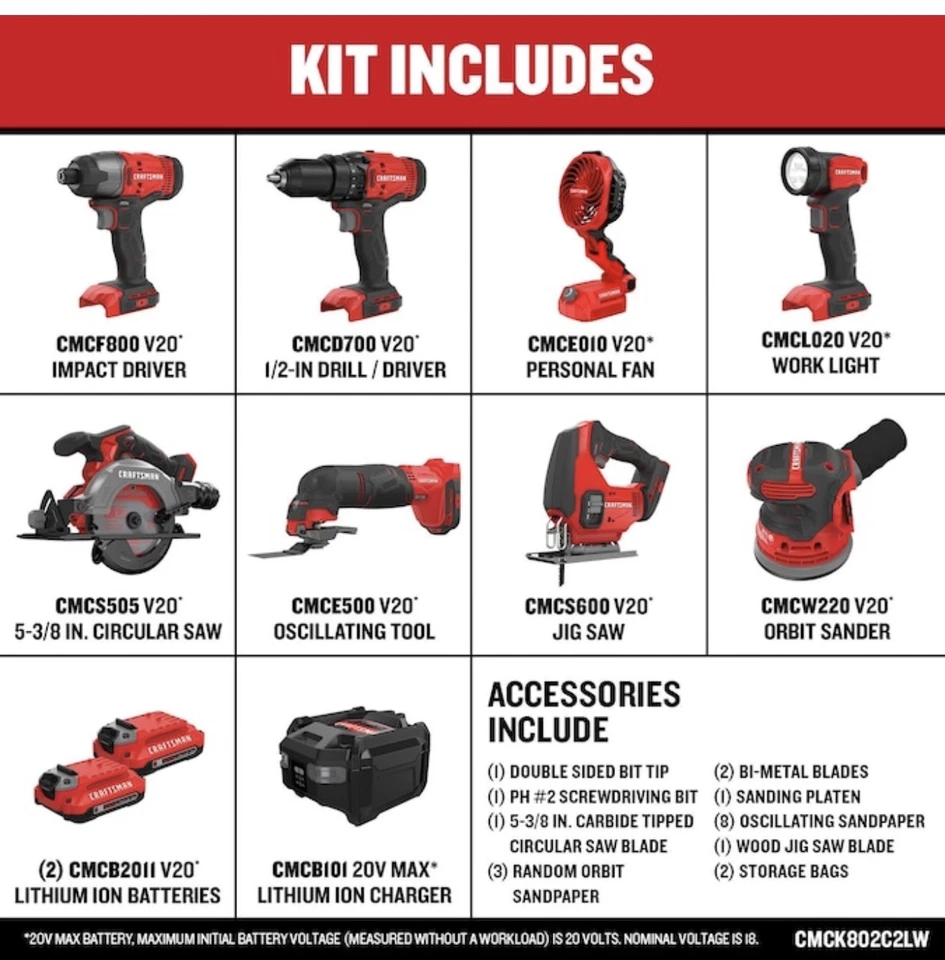 Kit combo de ferramentas elétricas CRAFTSMAN V20 20 volts Max 8 ferramentas 2 baterias, carregador e bolsa - Imagem 2 de 4