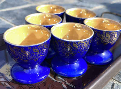 VTG Bavarian Winterling Egg Cups Germany Porcelain Blue Gold Ornate Set Of  6