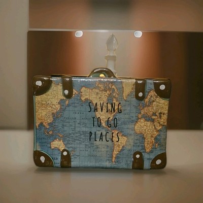 Saving to go places ceramic suitcase money box , world map design Sass & belle 