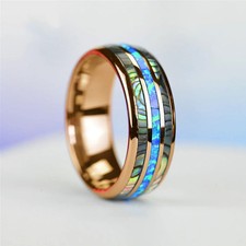 Stainless Steel Abalone Opal Ring Men Gold Tone Inlay Wedding Band Rings Jewelry