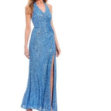 Morgan Co.Halter Neck Side Slit Sequin Gown Dress Wedding Evening Siz
