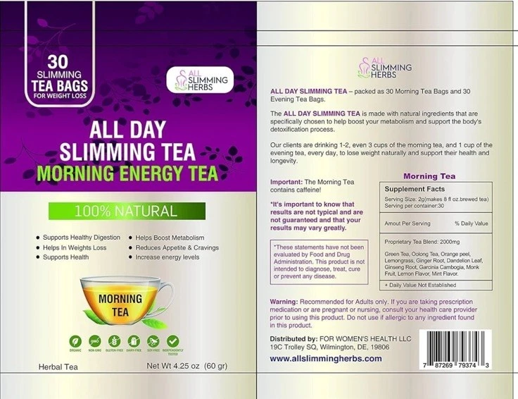 All Day Slimming Tea packaging details and supplement facts panel