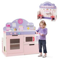 2 in 1 Kids Play Kitchen  Cafe Restaurant Wooden Pretend Cooking Playset Toy