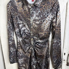 GUESS Shirt Dress Side ruched S Button down Slinky Animal print Long Sleeve Y2K