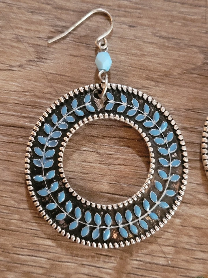 Western Style Earrings Blue Dangle Drop Circular Shape Pierced Hook Women's... - Image 2 of 4