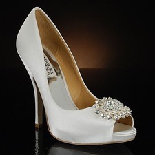 Badgley Mischka Lissa White Satin Wedding Bridal Open-Toe Pumps Heels Jeweled
