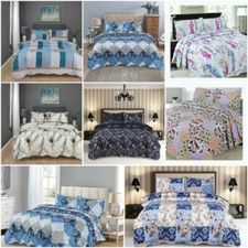 Image of 3 Pcs Patchwork Bedspread Quilted Throw Printed Bedding Set Double & king