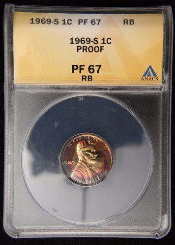1969-S LINCOLN MEMORIAL PROOF CENT UNC PF67 RAINBOW TONED OBV/ REV US COIN K2770