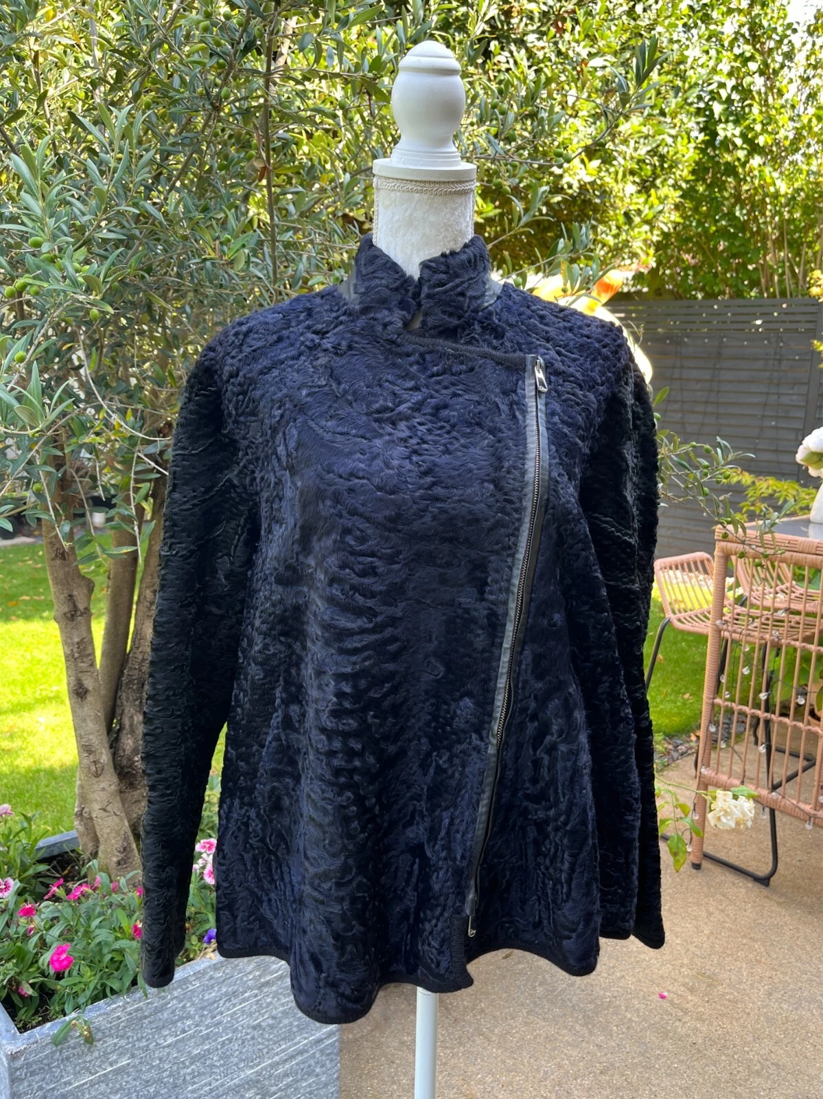 GIACCA PELLICCIA CHRISTIAN DIOR BLU ASTRAKAN IT40 FODERA CASHMERE CAPPOTTO MADE IN FRANCE